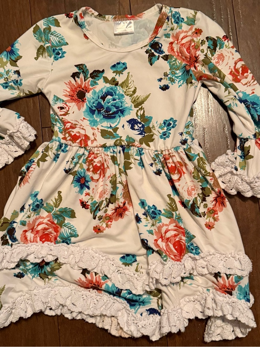 Baby Boutique Brand White Floral Ruffle Dress with Teal and Coral Blooms